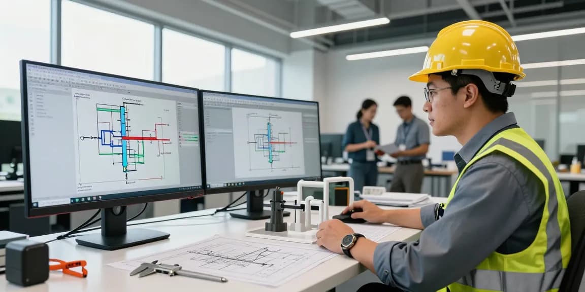 Piping Stress Analysis USA in a modern engineering office with professionals collaborating and analyzing designs.