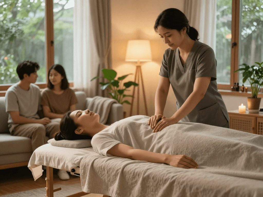 출장안마 session in a tranquil living room with a professional masseuse and essential oils.
