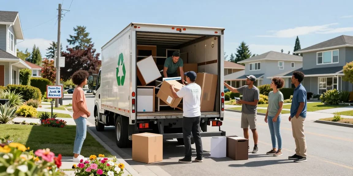 Junk Removal Vancouver - Professional team loading furniture into a truck in a sunny neighborhood.