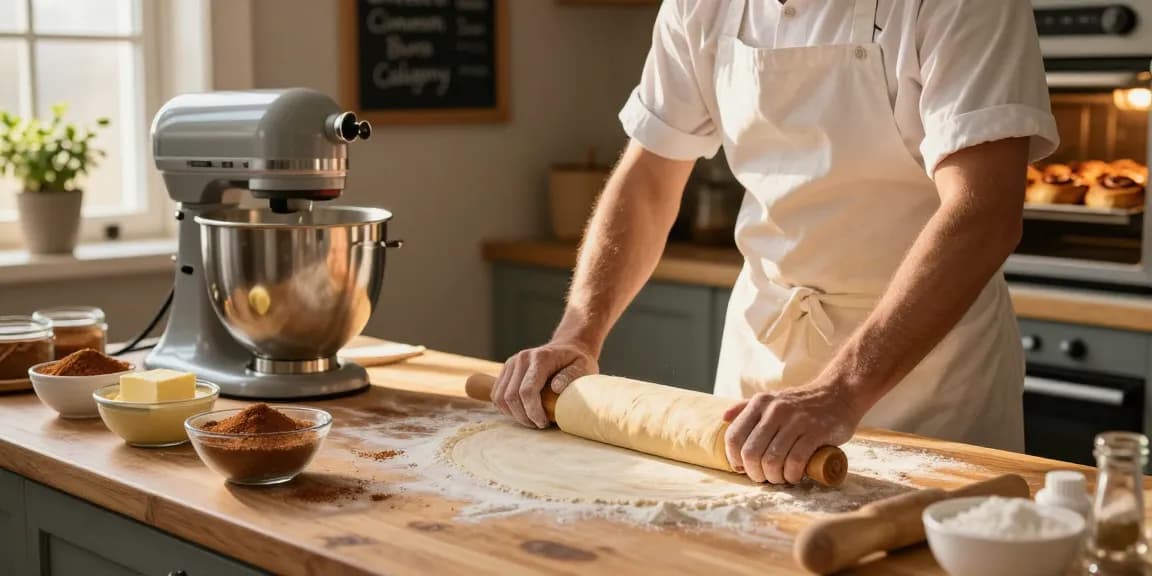 Freshly baked cinnamon buns in a cozy Calgary bakery kitchen.