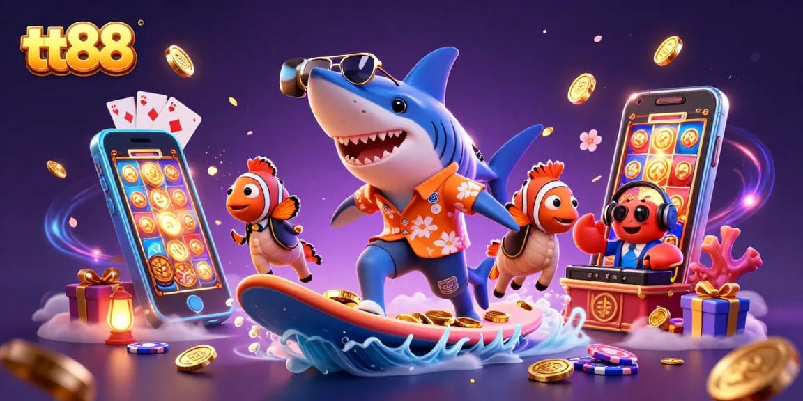 tt88 brings excitement with a hammer-head shark surfing gold coins amidst vibrant casino elements.
