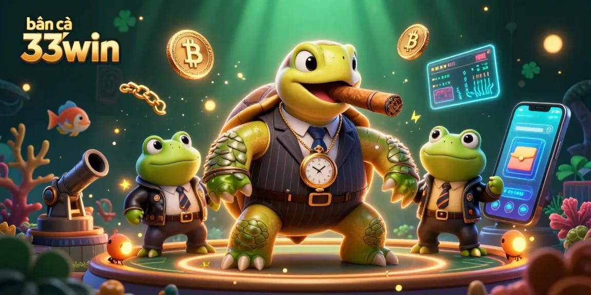 Bắn cá 33win showcases a vibrant underwater casino scene with a snapping turtle and bullfrog enforcers.