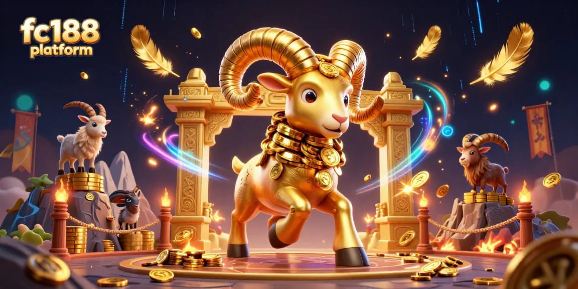Engage with the vibrant energy of the fc188 platform featuring a dynamic golden ram amidst a lively gambling arena.