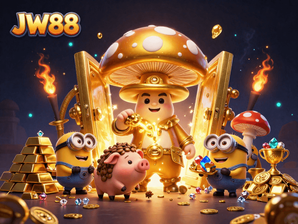 Experience exciting gameplay with JW88's cartoon wizard channeling riches in a vibrant casino scene.