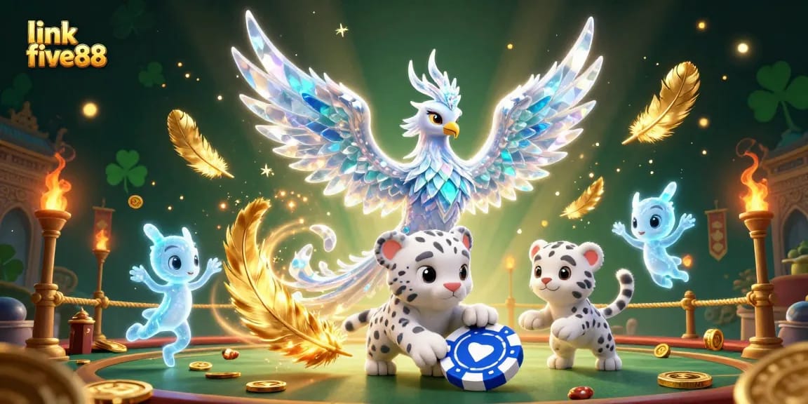 Experience thrilling wins with link five88 in an enchanting casino scene featuring an ice phoenix, poker elements, and glowing sprites.