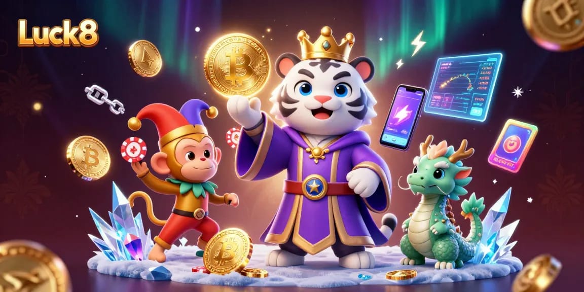Experience thrilling gameplay at Luck8, illustrated by a vibrant 3D casino scene with dynamic characters and elements.