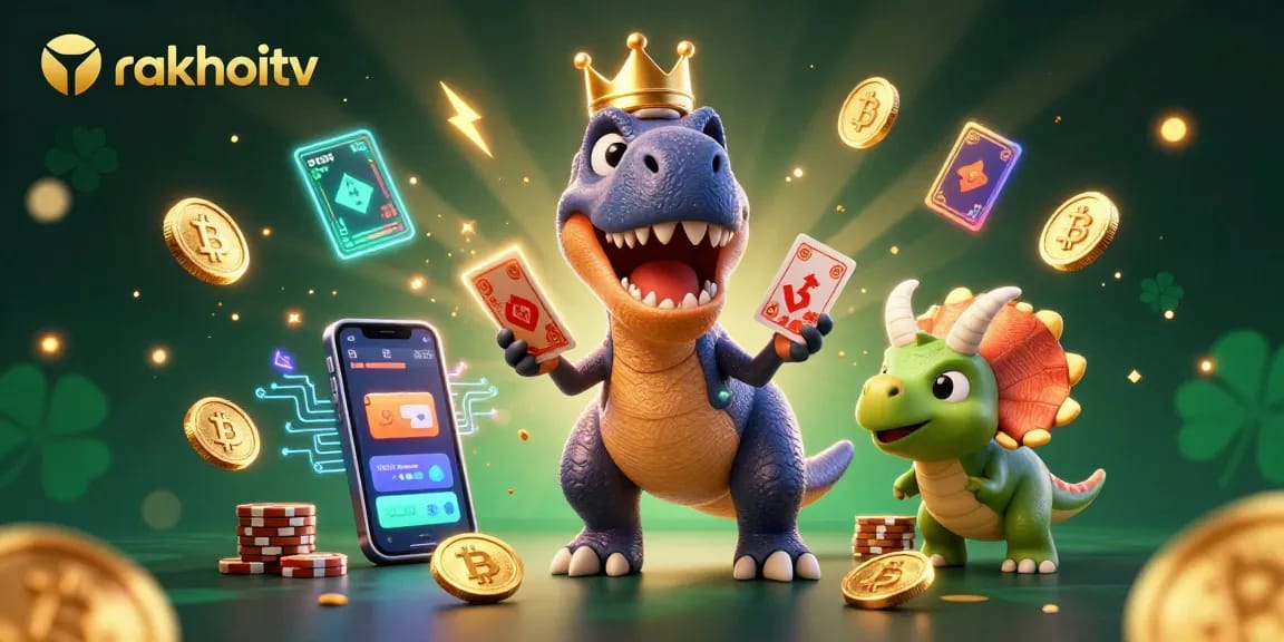 Experience thrilling gameplay with rakhoitv as a friendly T-Rex shuffles cards amidst vibrant casino elements.