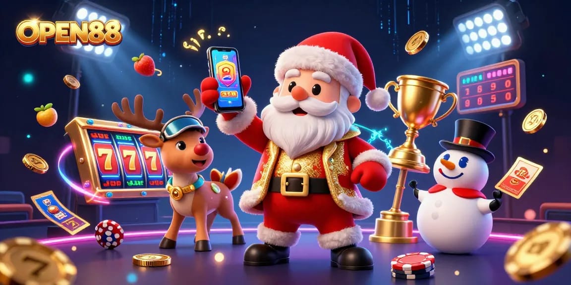 Celebrate wins with OPEN88 at a vibrant casino featuring festive characters and dynamic gaming elements.