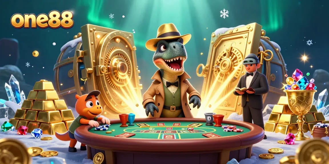 Experience high-stakes gambling at one88 with a velociraptor card counter and thrilling casino elements.