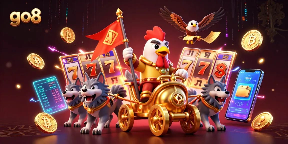 Play and win big at go8 with an exciting scene of a rooster warlord and casino elements