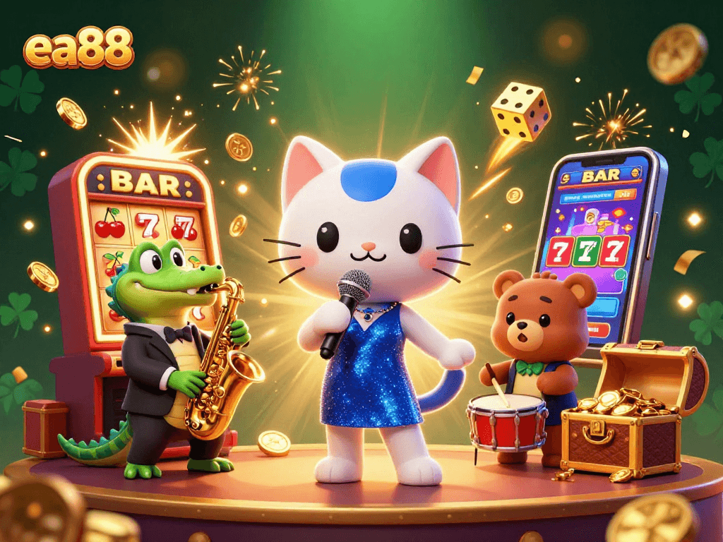 Experience thrilling gameplay at ea88 with a colorful 3D casino scene featuring vibrant characters and a jackpot burst.