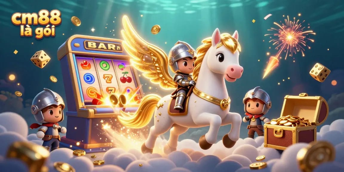 Experience the magical world of cm88 là gì with a celestial horse and vibrant casino elements.
