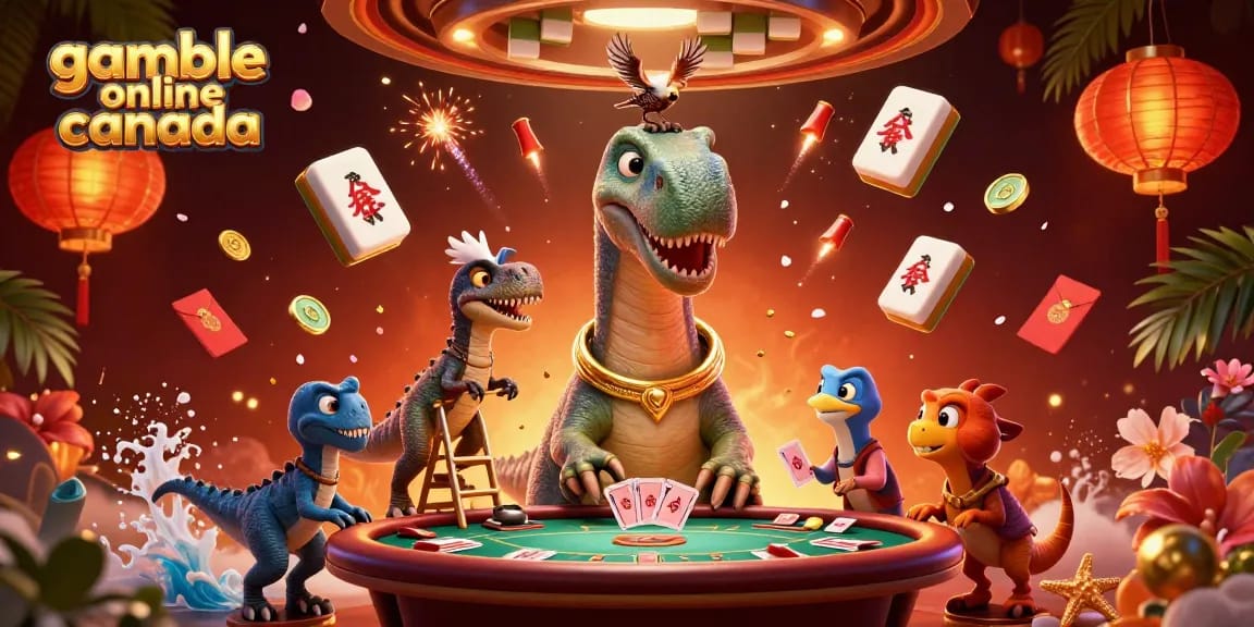 Experience the thrill of gamble online canada with 3D brontosaurus and raptor in a vibrant casino scene.