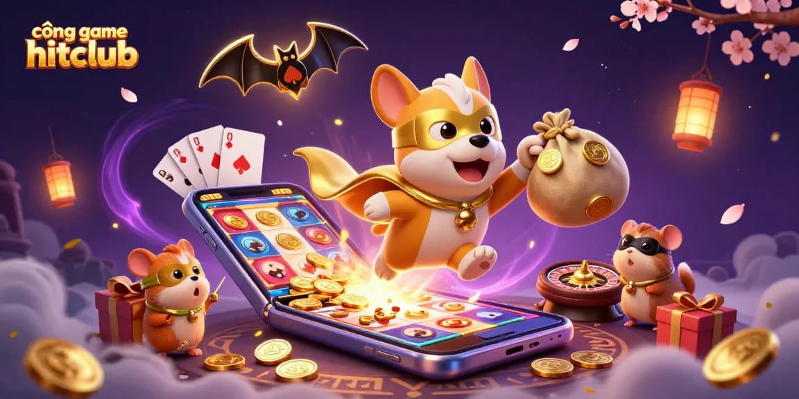 Engage in fun with the cổng game hitclub illustration featuring a superhero dog and elements of casino excitement.