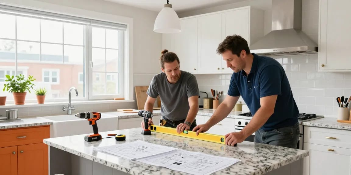 General contractor Toronto overseeing kitchen renovation with team in modern workspace.