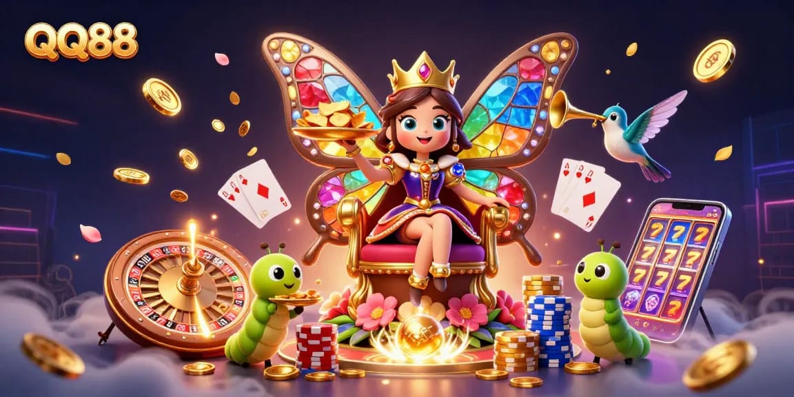 Experience the magic of QQ88 with a vibrant 3D illustration showcasing a butterfly queen surrounded by casino riches.