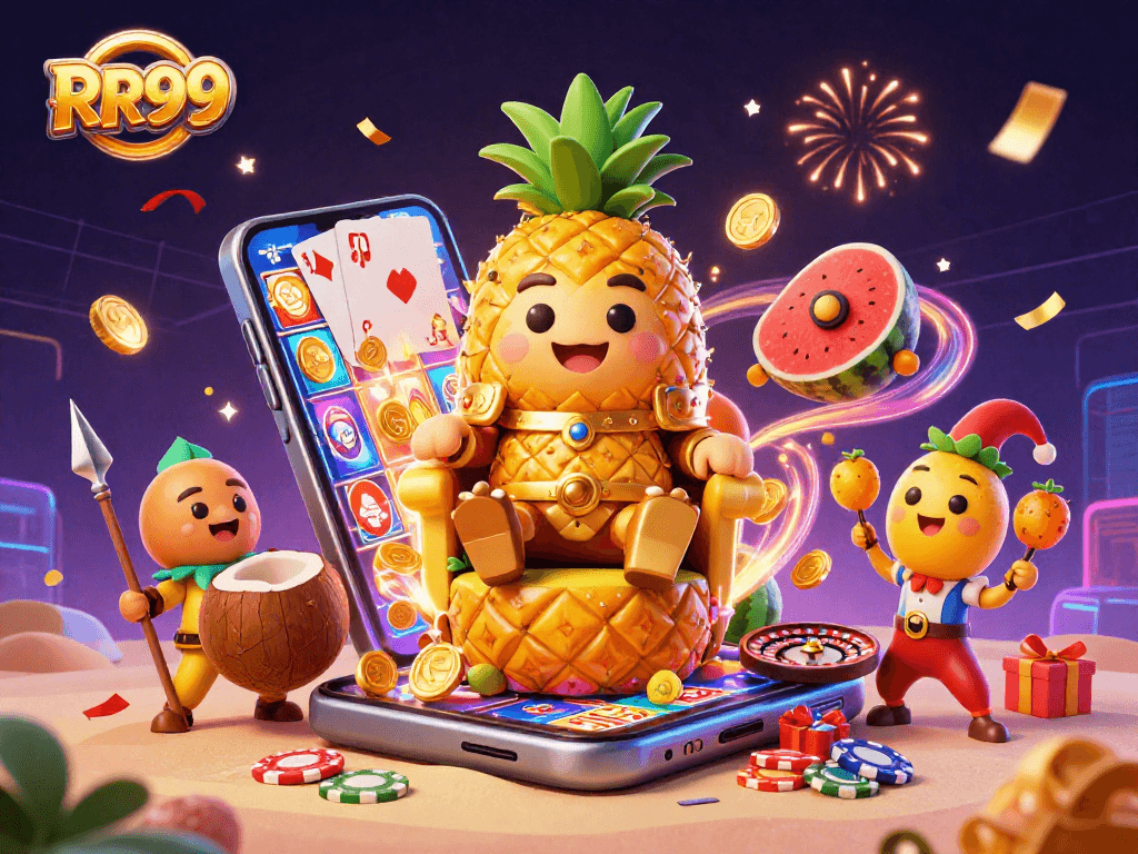 Engage with RR99’s vibrant gaming scene featuring a pineapple king and casino elements.