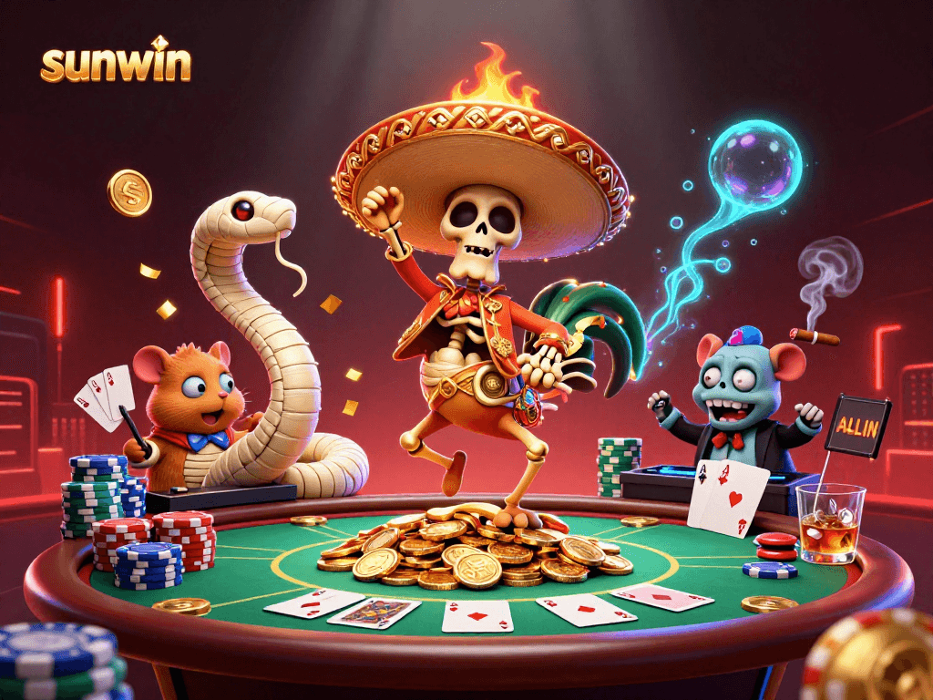 Engage in thrilling casino action with sunwin’s vibrant characters celebrating on golden coins.