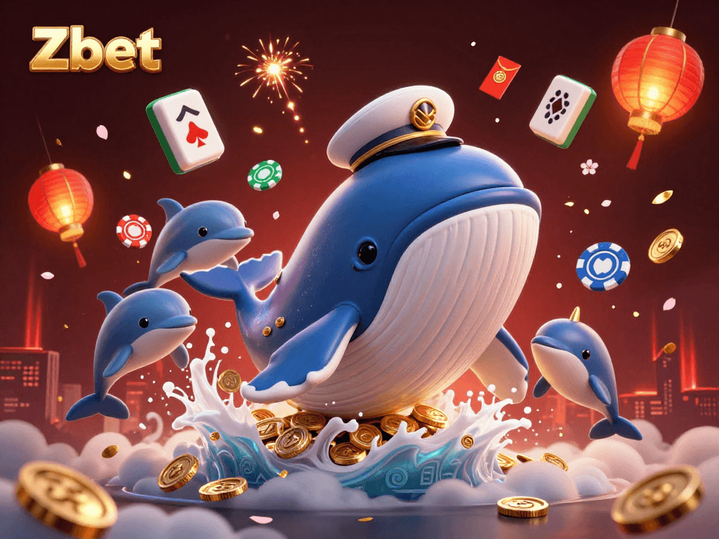 Zbet enhances gaming with a vibrant 3D scene featuring a whale and playful dolphins amidst gold coins and festive elements.
