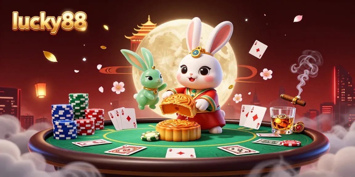 Engage with lucky88's vibrant casino scene featuring a folklore-inspired moon rabbit and poker chips.