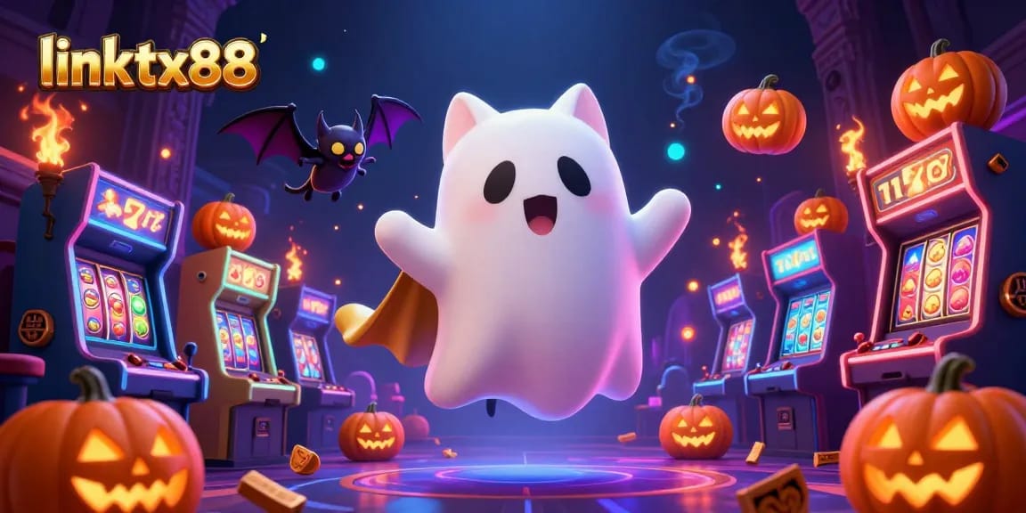 Experience thrilling gaming action with link tx88 in a lively haunted casino scene.