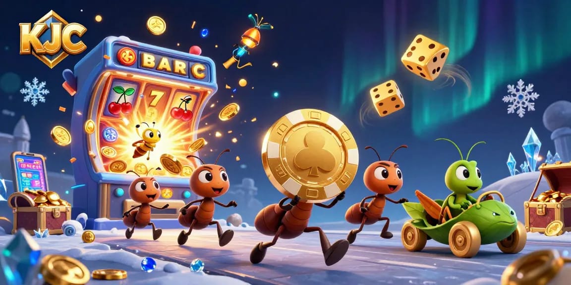 KJC ants heist with golden poker chip illustrated in a vibrant online casino scene.