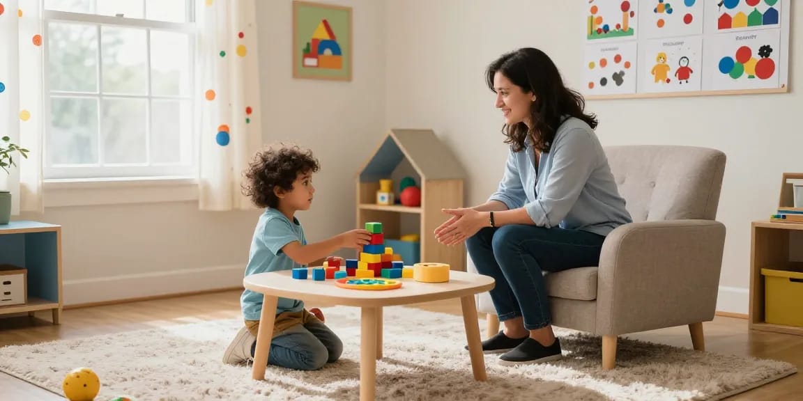 Child engaged in applied behaviour analysis session with compassionate clinician in supportive therapy room.