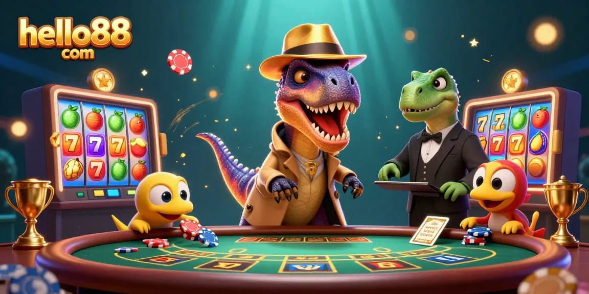 Experience thrilling blackjack action with hello88 com's unique casino characters in a vibrant 3D scene.