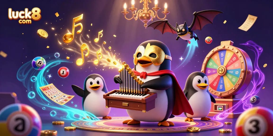 Engage with excitement at luck8 com featuring a penguin on a golden pipe organ shooting coins.