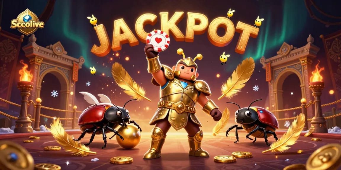 Socolive celebrates victory in gambling with a cartoon hercules beetle lifting a poker chip amidst a dazzling jackpot atmosphere.