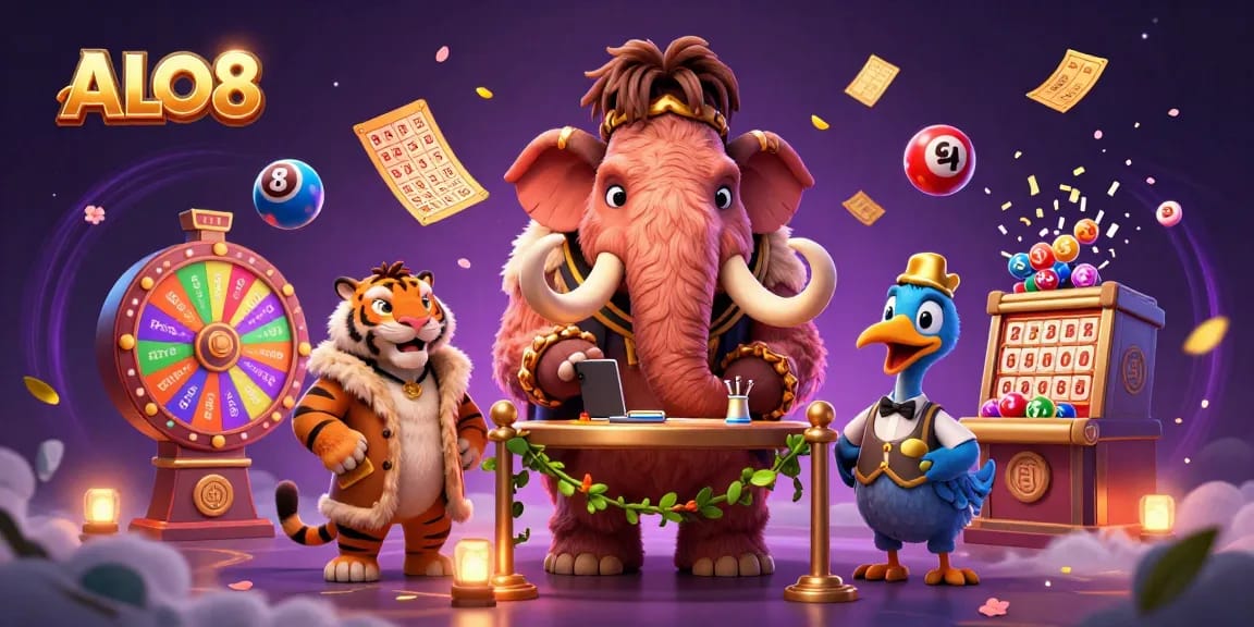 Engage with ALO8's vibrant casino scene full of colorful lottery elements and friendly characters.