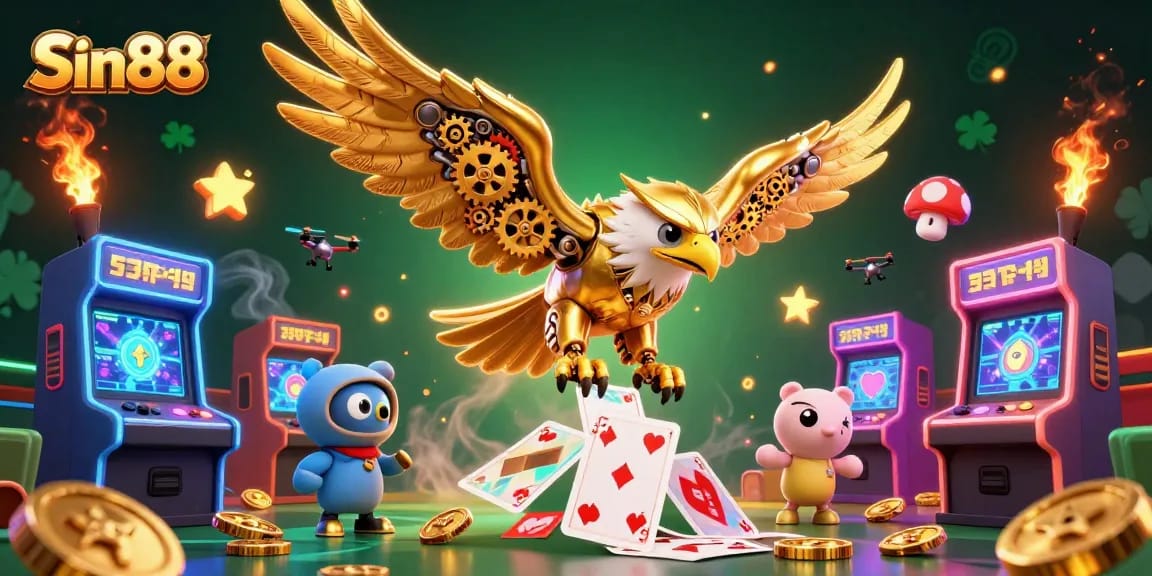 Experience dynamic gaming with Sin88’s 3D golden eagle soaring through holographic cards amidst vibrant casino elements.
