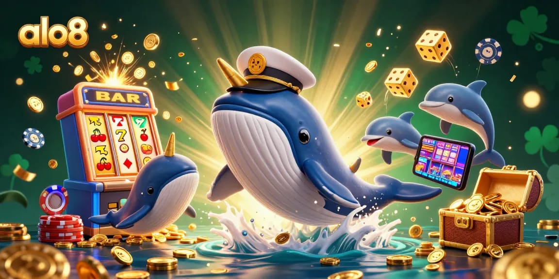 Experience thrilling gameplay at alo8 with a whale captain, narwhal, and dolphins among a treasure of prizes.