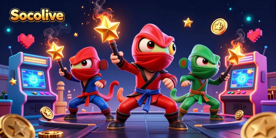 Socolive showcases 3D cartoon chameleons performing martial arts amidst vibrant casino-themed elements.