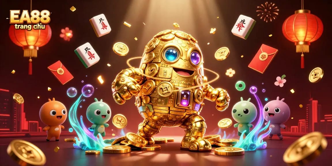 Experience EA88 trang chủ with a vibrant 3D scene featuring a golden golem surrounded by casino elements.