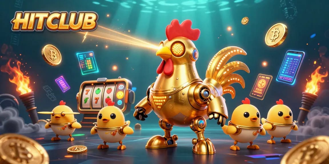 Engage with HITCLUB by spinning slot reels and winning jackpots amidst vibrant crypto elements.