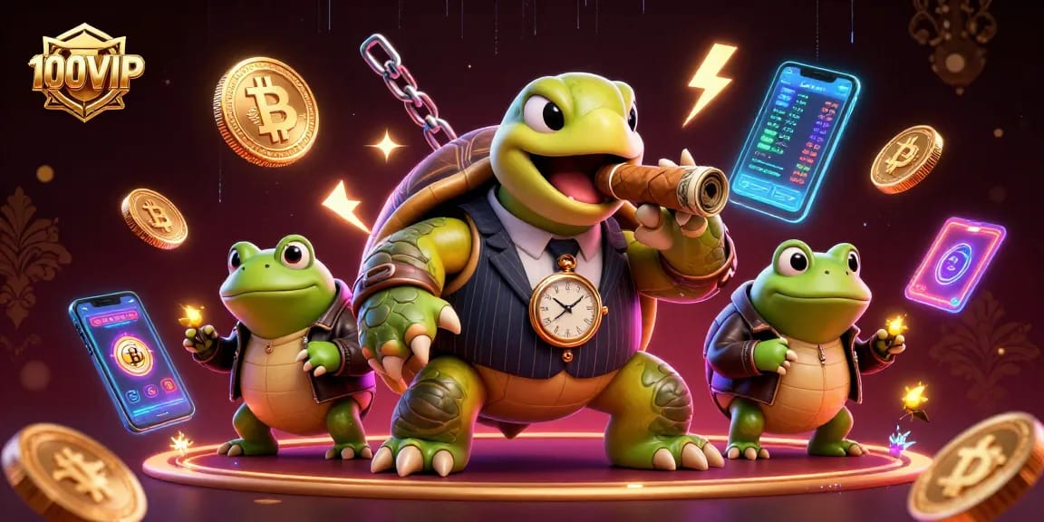 Engage with thrilling games at 100VIP, featuring a 3D mobster turtle and frog enforcers in a vibrant casino.