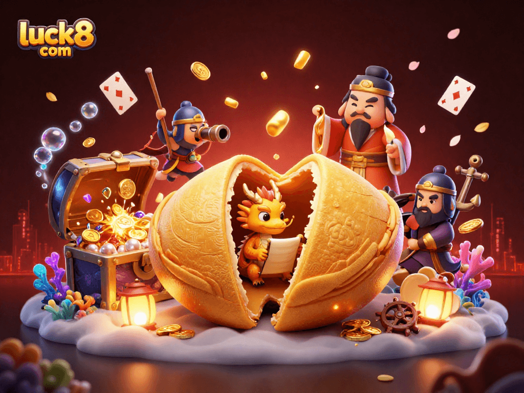 Experience the thrill of play with luck8 com featuring a vibrant 3D scene packed with fortune cookies and gold.