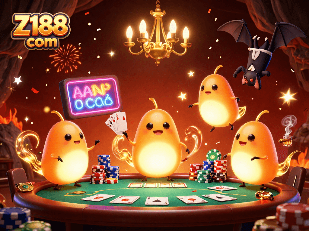 Illuminate your chances at Z188 com with this vibrant casino scene featuring glowworms and poker action.