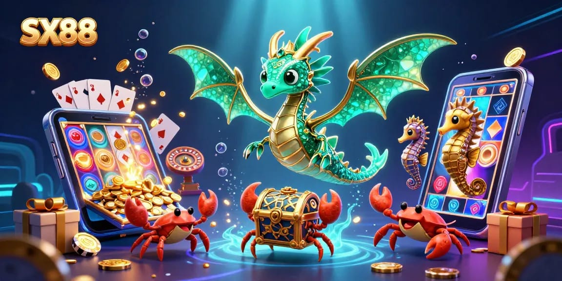 SX88 showcases a vibrant underwater casino scene with sea-themed characters amidst dynamic gambling elements.