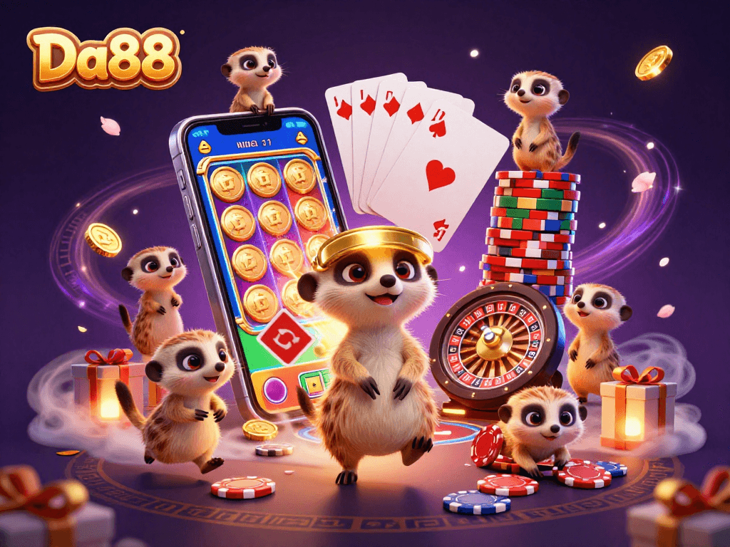 Experience thrilling gameplay with Da88’s cartoon meerkats in a lively casino setting.