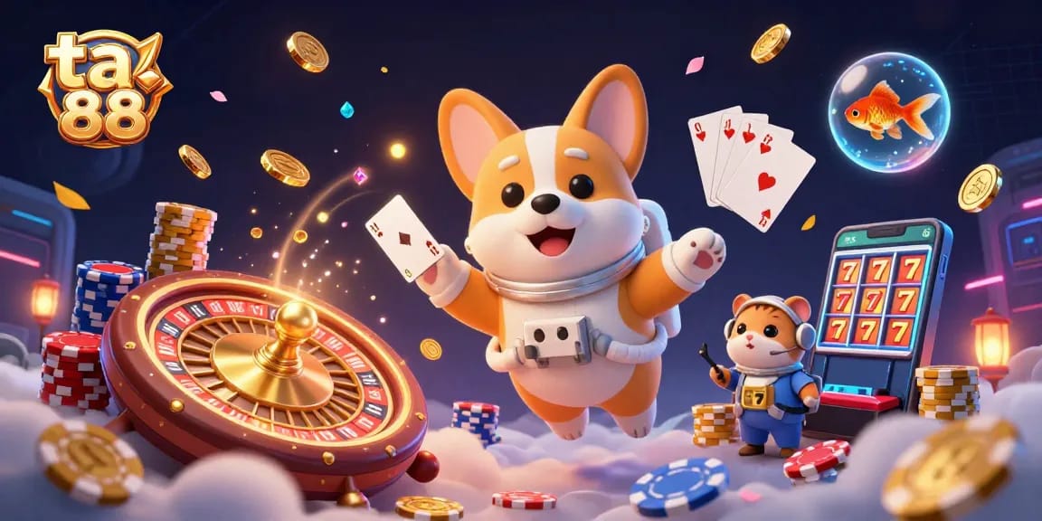 Engage with ta 88 in a vibrant space station casino scene with a swirling roulette wheel and delightful characters.