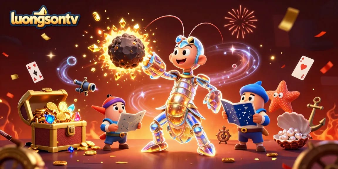 luongsontv showcases an explosive scene with gaming elements around galactic characters in a vibrant illustration.