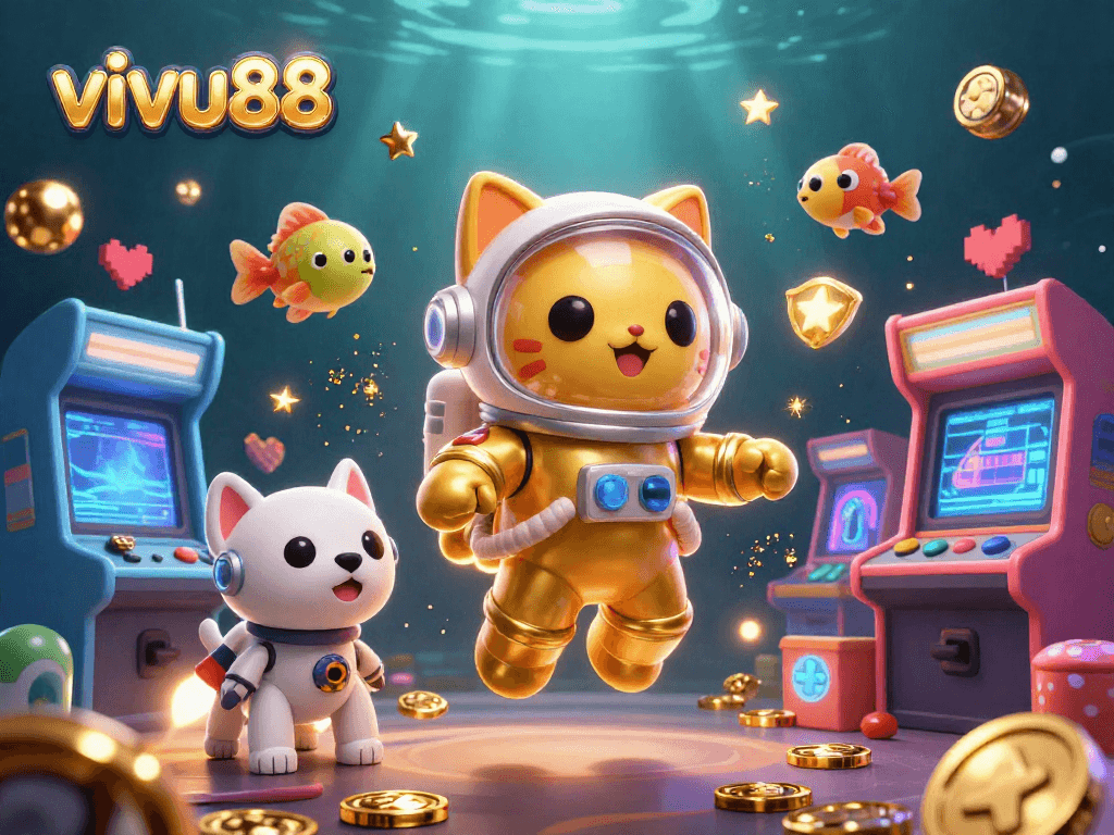 Join the fun at vivu88 with an exciting 3D animation of a cat astronaut and robot dog in a vibrant casino-themed universe.