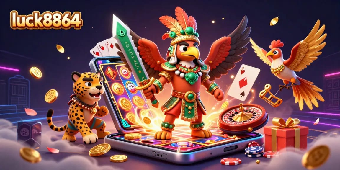 Engage with luck8864's vibrant 3D casino illustration, featuring Aztec warriors and dynamic slot elements.