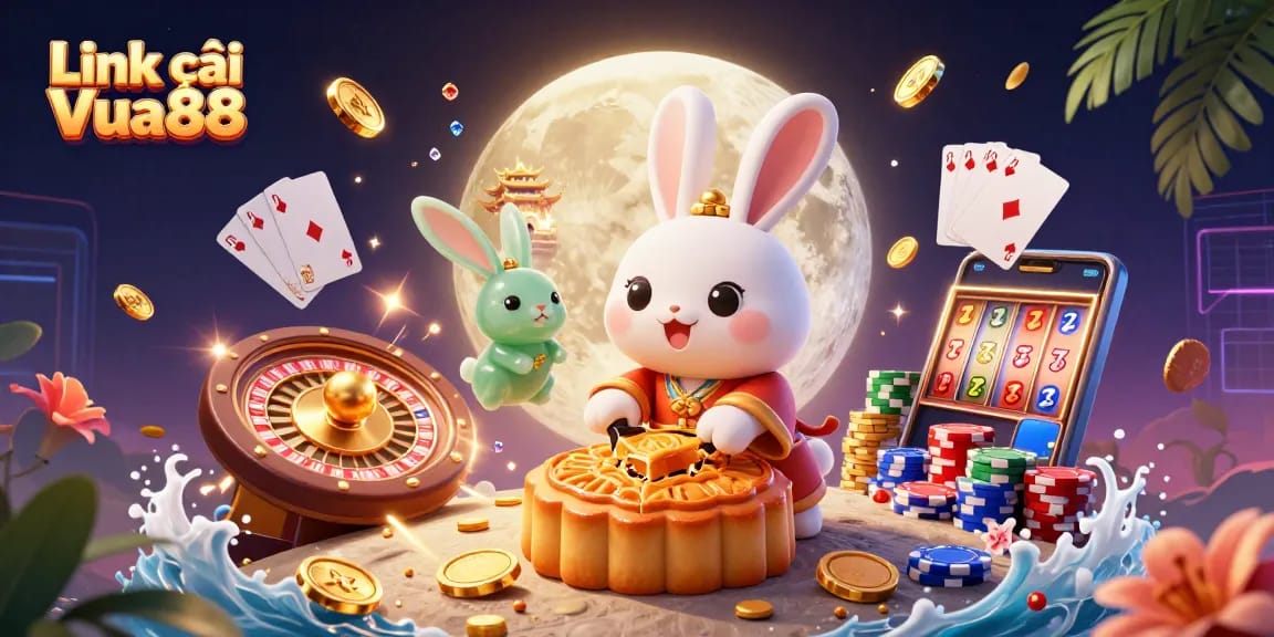 Spin the reels at Link vào Vua88 with vibrant casino elements and a moon rabbit theme.
