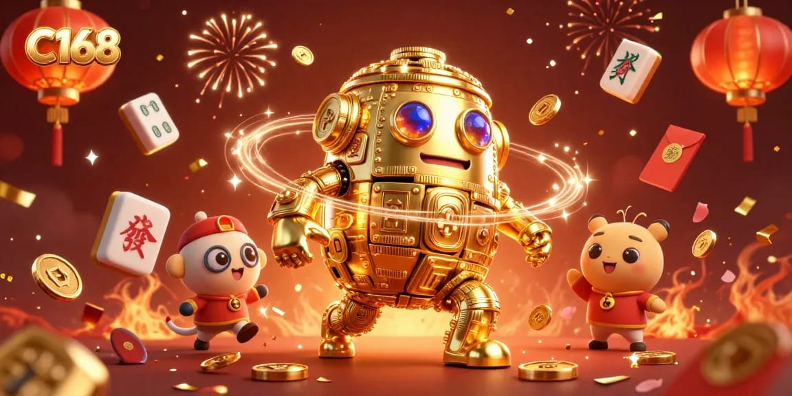 C168 bets with a 3D golden coin golem and festive gambling elements in a vibrant casino scene.