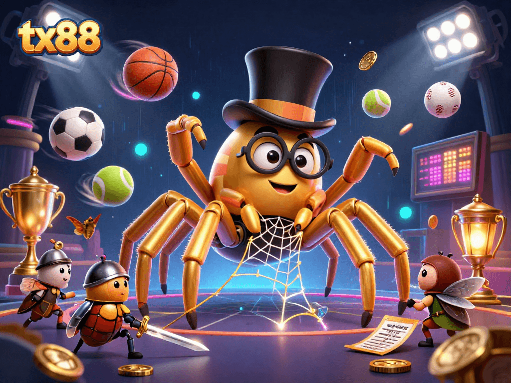 Engage with tx88's dynamic casino world featuring a golden tarantula and sports elements in action.