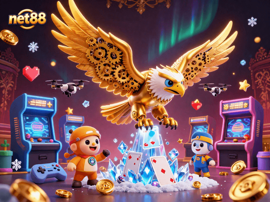 Experience net88's dynamic casino adventure with a cybernetic eagle amidst vibrant game elements.