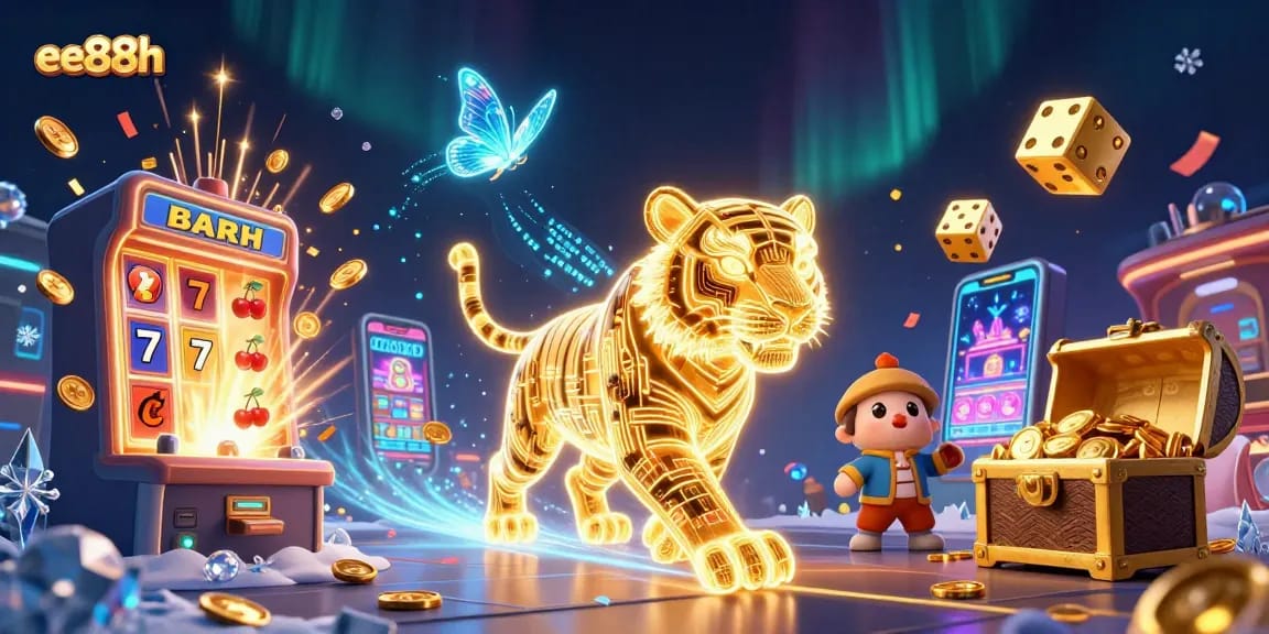 Engage with the thrilling ee88h casino experience featuring a neon golden tiger and slot explosions.